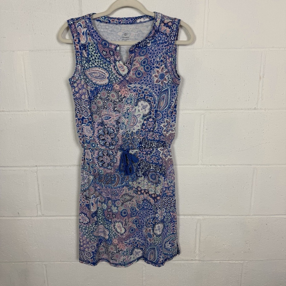 T by Talbots Knit Dress SZ XS Blue Pink Floral Drawstring‎ Waist Causal Travel